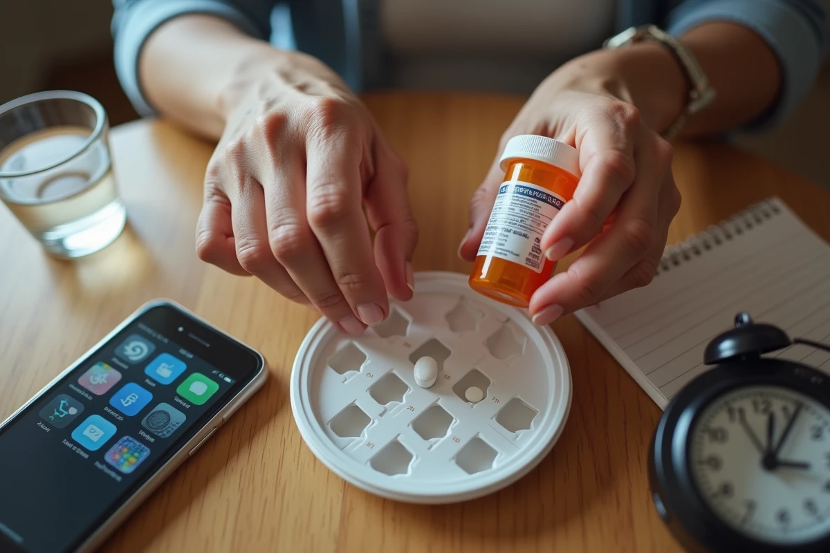 Mains d'une femme âgée préparant ses comprimés de Levothyrox dans un pilulier hebdomadaire sur table de chevet
