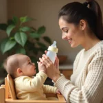 Mère tenant un biberon avec tétine pour lait Guigoz Gest devant son bébé dans une cuisine chaleureuse