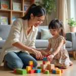 Mère accompagnant sa fille dans un jeu de construction en bois dans un salon familial chaleureux