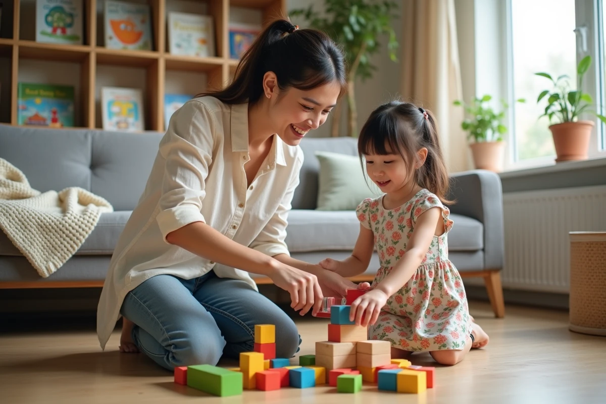 Mère accompagnant sa fille dans un jeu de construction en bois dans un salon familial chaleureux