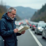 Homme en veste marine consulte une carte dans un embouteillage