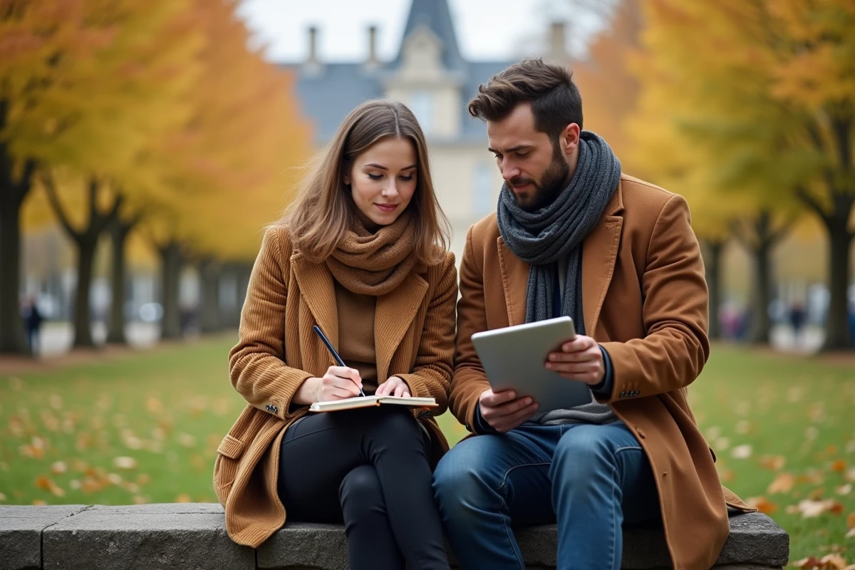Un duo sketchant dans un parc à Angers en automne