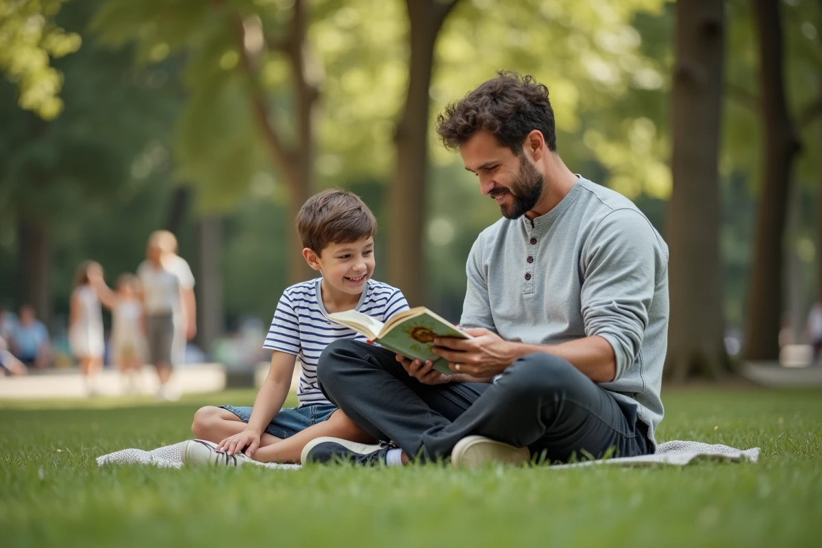 Père et fils lisant ensemble un livre illustré assis sur l'herbe dans un parc en plein air