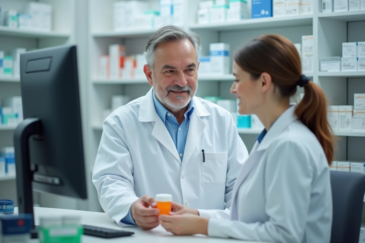 Pharmacien expliquant le dosage du Levothyrox à une patiente au comptoir d'une pharmacie