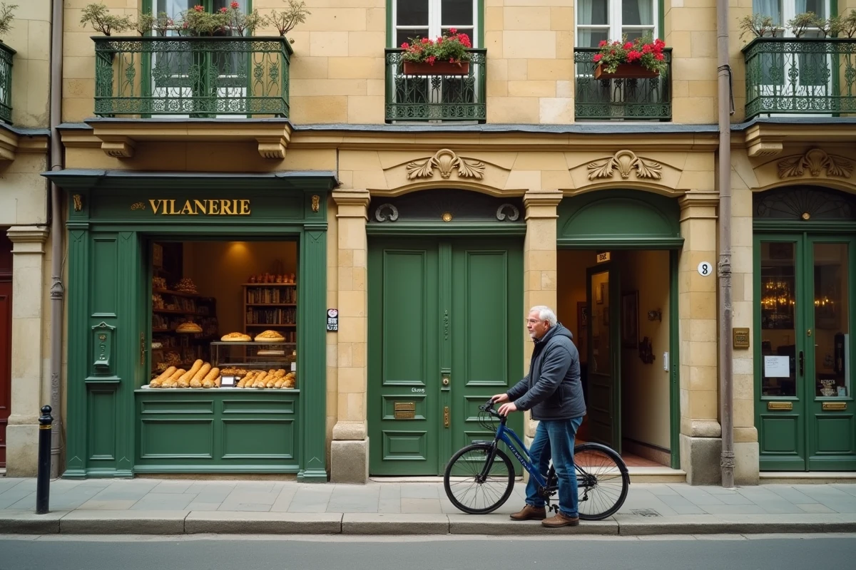 Rue résidentielle typique de Versailles avec boulangerie artisanale, volets verts et façades en pierre, ambiance village urbain