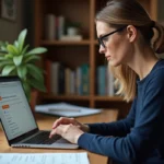 Femme utilisant un ordinateur portable pour sauvegarder ses emails Orange sur PC depuis son bureau à domicile