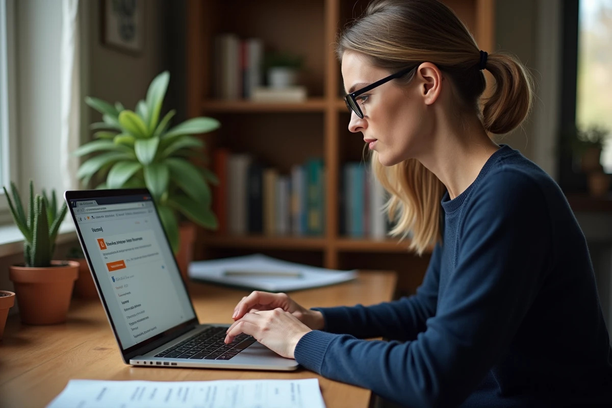 Femme utilisant un ordinateur portable pour sauvegarder ses emails Orange sur PC depuis son bureau à domicile