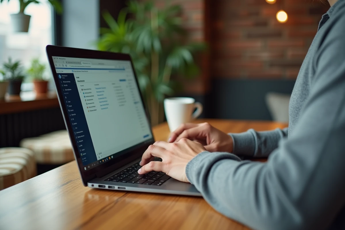 Mains sur clavier d'ordinateur portable lors d'une opération de sauvegarde d'emails Orange dans un café