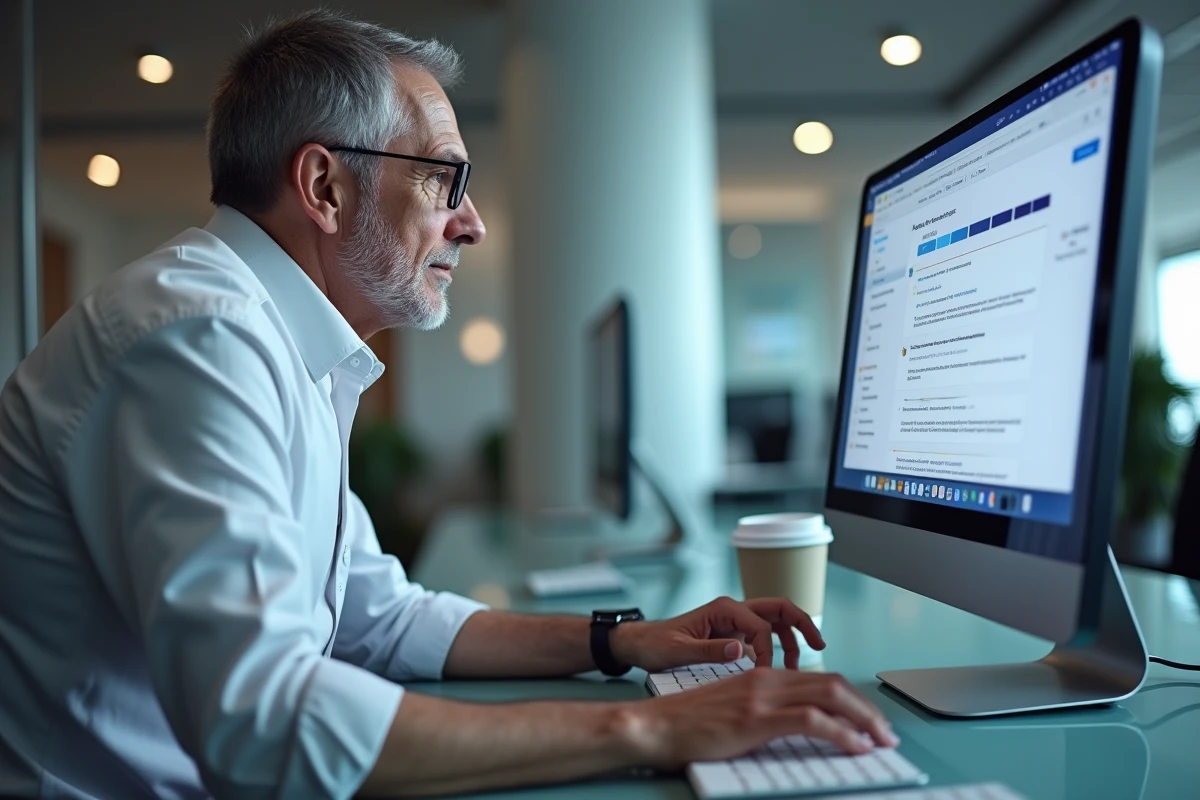 Homme en entreprise réalisant une sauvegarde de ses emails Orange sur un ordinateur de bureau avec logiciel client mail