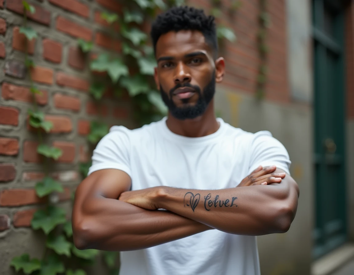 Homme présentant un tatouage cœur avec prénom sur l'avant-bras devant un mur de briques urbain