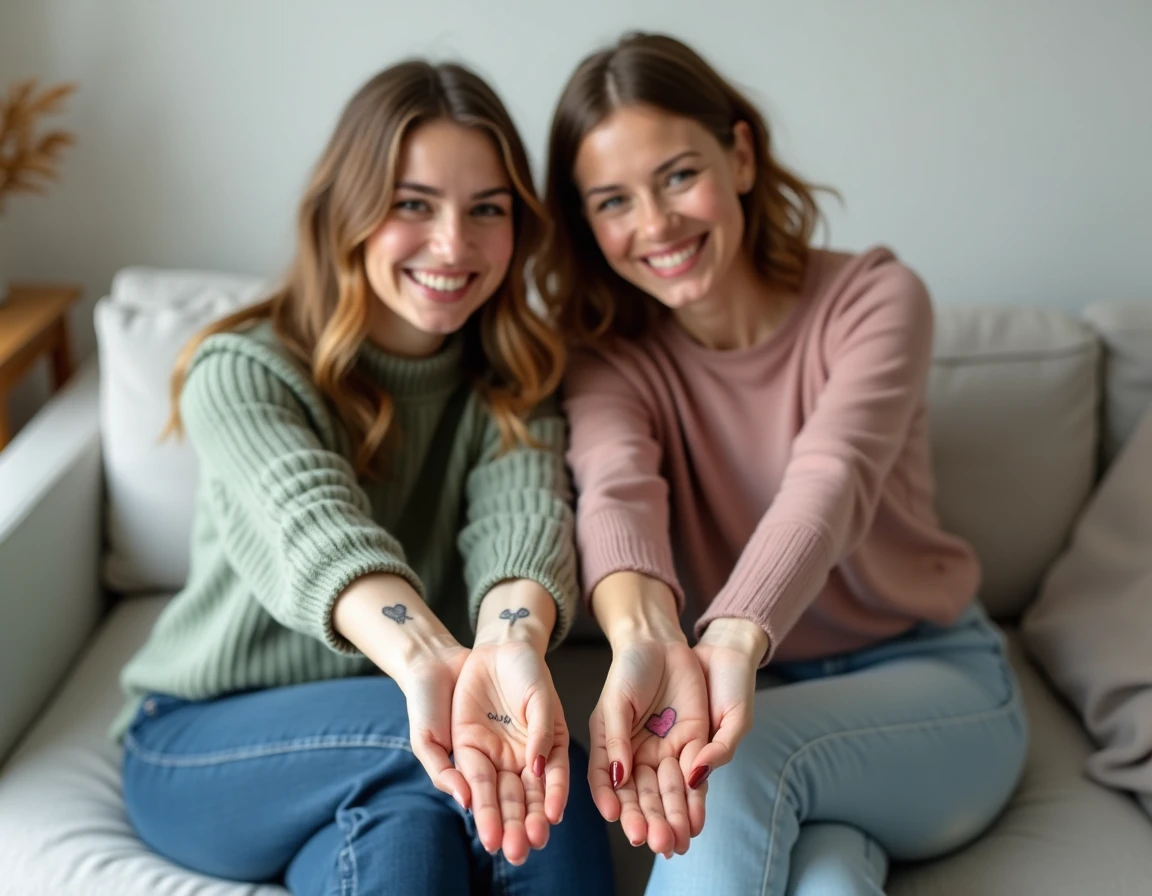 Deux femmes montrant leurs tatouages cœur avec prénom assortis sur les poignets dans un intérieur scandinave minimaliste