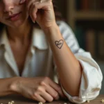 Femme montrant un tatouage cœur avec prénom sur le poignet dans une ambiance chaleureuse et intimiste