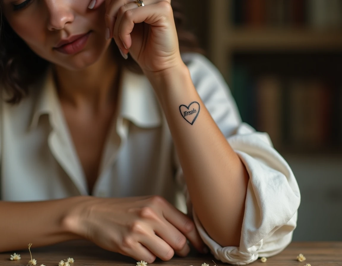 Femme montrant un tatouage cœur avec prénom sur le poignet dans une ambiance chaleureuse et intimiste