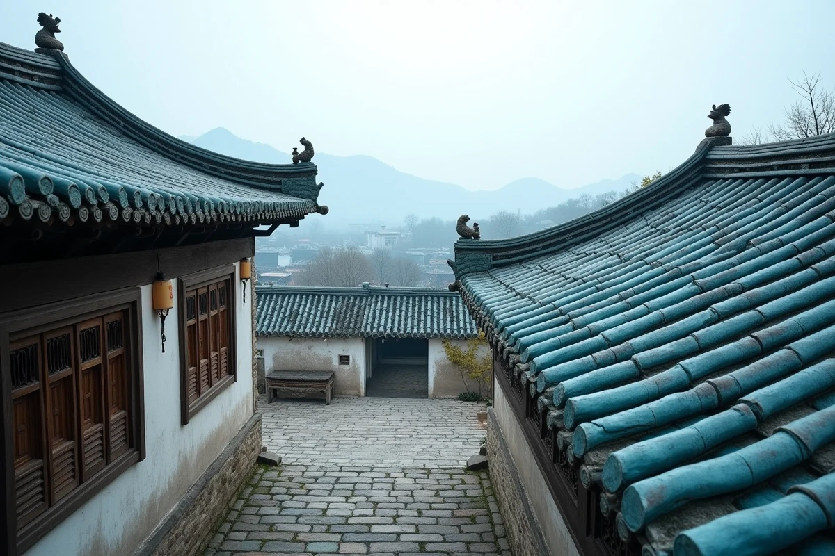 Toit bleu traditionnel en tuiles de céramique d'un village chinois avec ornements sculptés et murs blanchis à la chaux