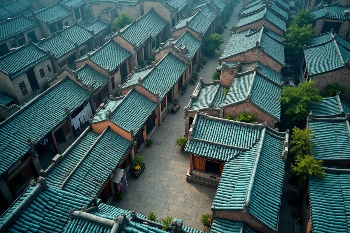 Vista aérea de techos azules de tejas en un barrio histórico chino con callejuelas estrechas y patios interiores